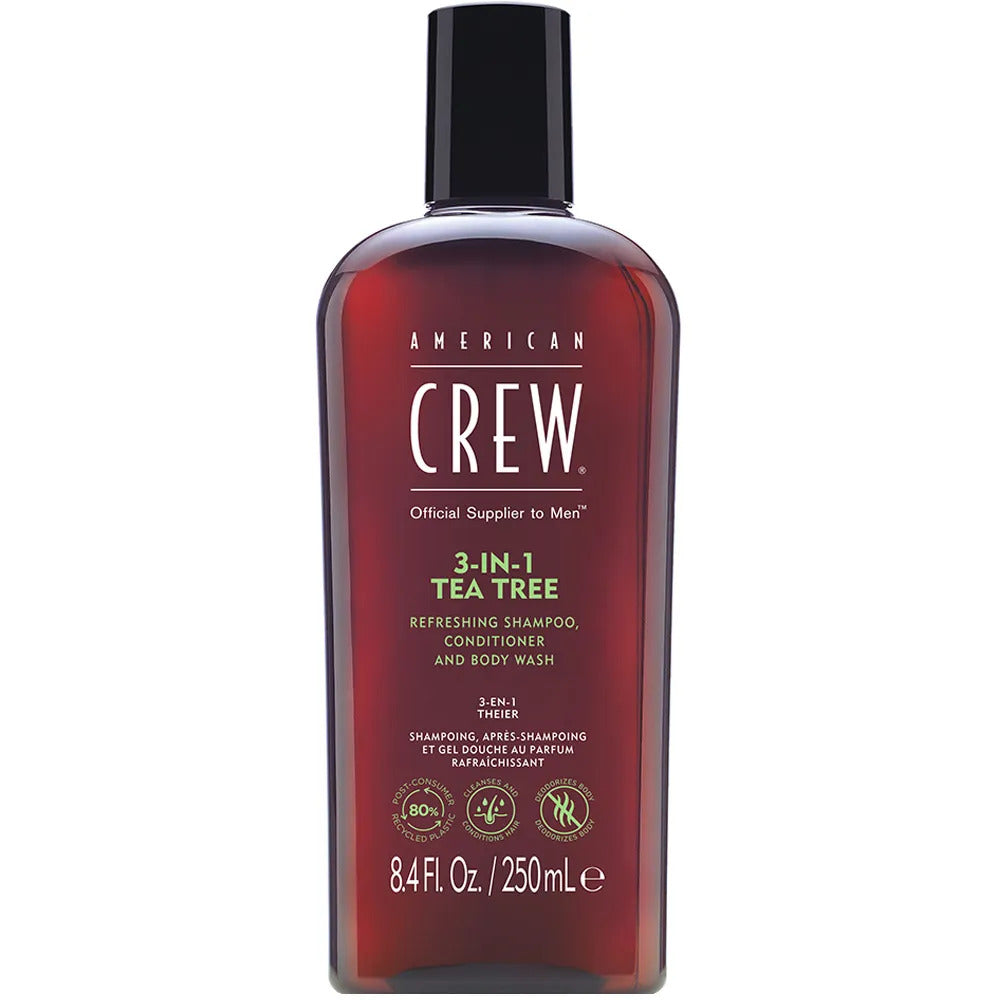 American Crew, 3-In-1 Tea Tree, ulei de arbore de ceai, șampon pentru păr, balsam și gel de duș 3-In-1, pentru hidratare, 250 ml