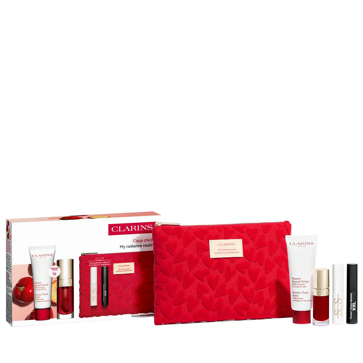 Set Clarins: Beauty Flash, Revitalising, Balm, Face, 15 ml + S.O.S., Eyelash Serum, 3 ml + Lip Comfort, Hydrating, Lip Oil, 7 ml + Wonder Volume, Volumising, Mascara, Black, 3 ml *Miniature + Clarins, GWP Textile Pouch, Red