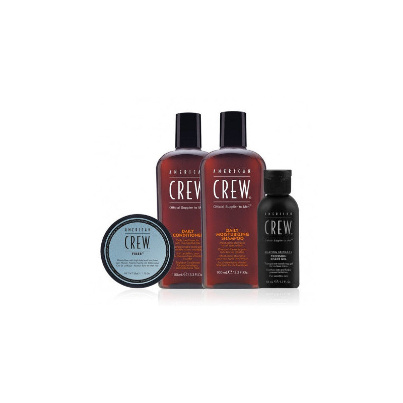 Essential Set American Crew: Daily, Hair Conditioner, For Moisturizing, 100 ml + Daily, Hair Shampoo, For Hydration, 100 ml + Fiber, Hair Styling Pomade, For Styling, Strong Hold, 50 ml + Precision, Soothing, Shaving Gel, 50 ml
