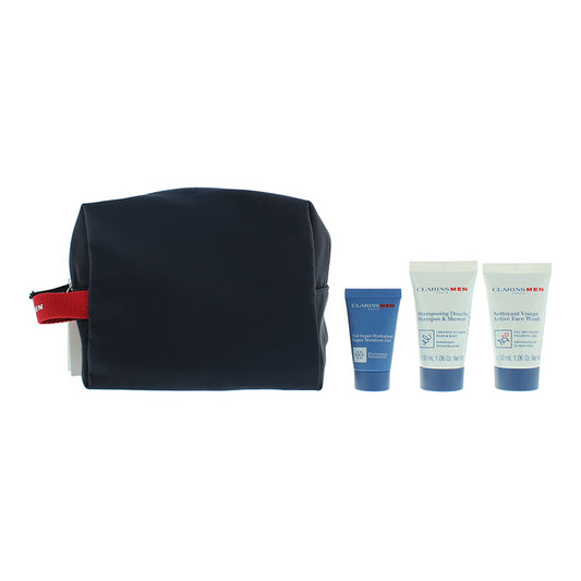 Set Clarins: Men, Eliminates Impurities, Cleansing Gel, 30 ml + Men, Shower Gel & Shampoo 2-In-1, 30 ml + Clarins, GWP Textile Pouch, Black