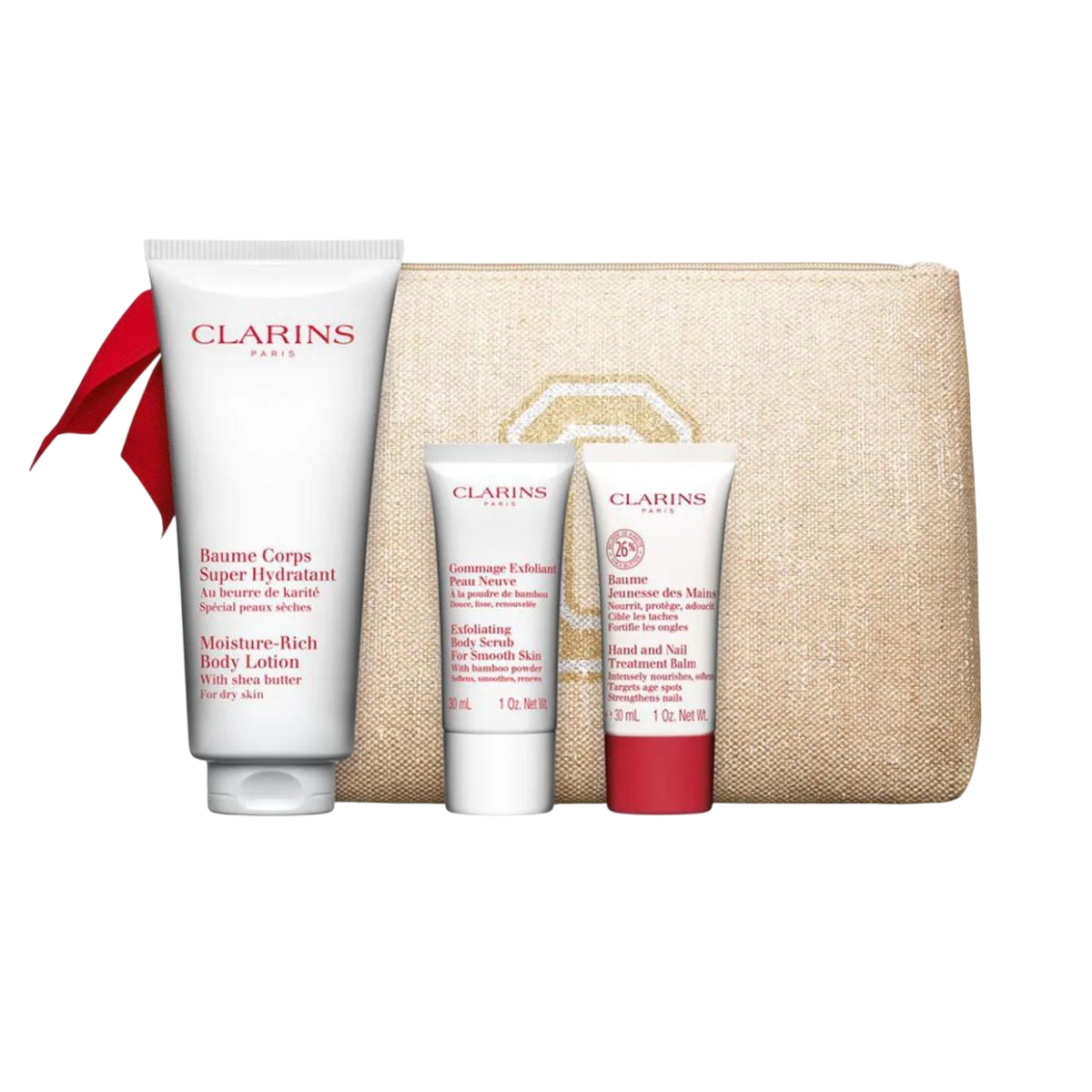 Set Clarins: Moisture-Rich, Shea Butter, Hydrating, Body Lotion, Body, 200 ml + Clarins, Exfoliating, Body Scrub, 30 ml + Clarins, Nourishing, Hand Balm, 30 ml