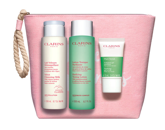 Set Clarins: Pure, Exfoliating Scrub, 15 ml + Velourse, Anti-Pollution, Cleansing Milk, For Face, 200 ml + Purifying, Alcohol-Free, Purifying, Tonic Lotion, For Face, 200 ml