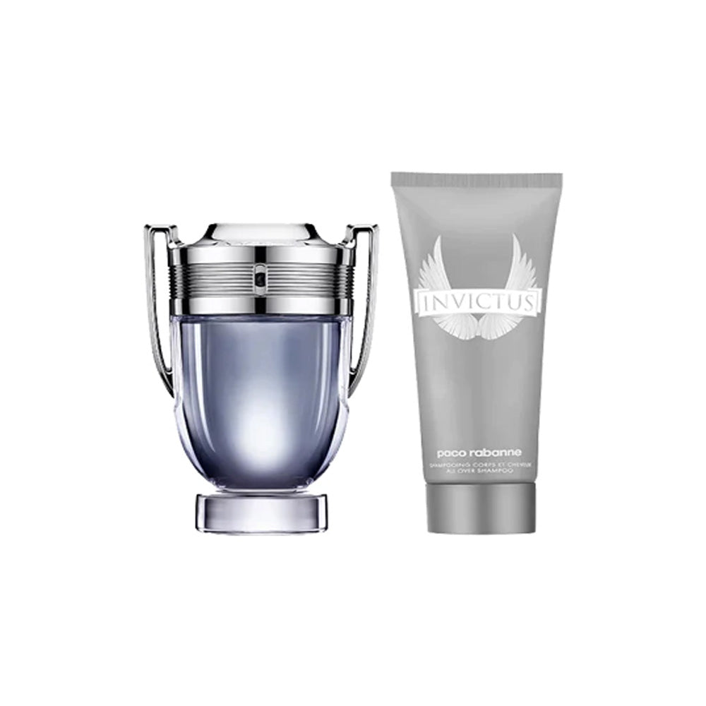 Set Paco Rabanne: Invictus, Eau De Toilette, Uomo, 100 ml + Invictus All Over, Gel Doccia e Shampoo 2-In-1, 100 ml