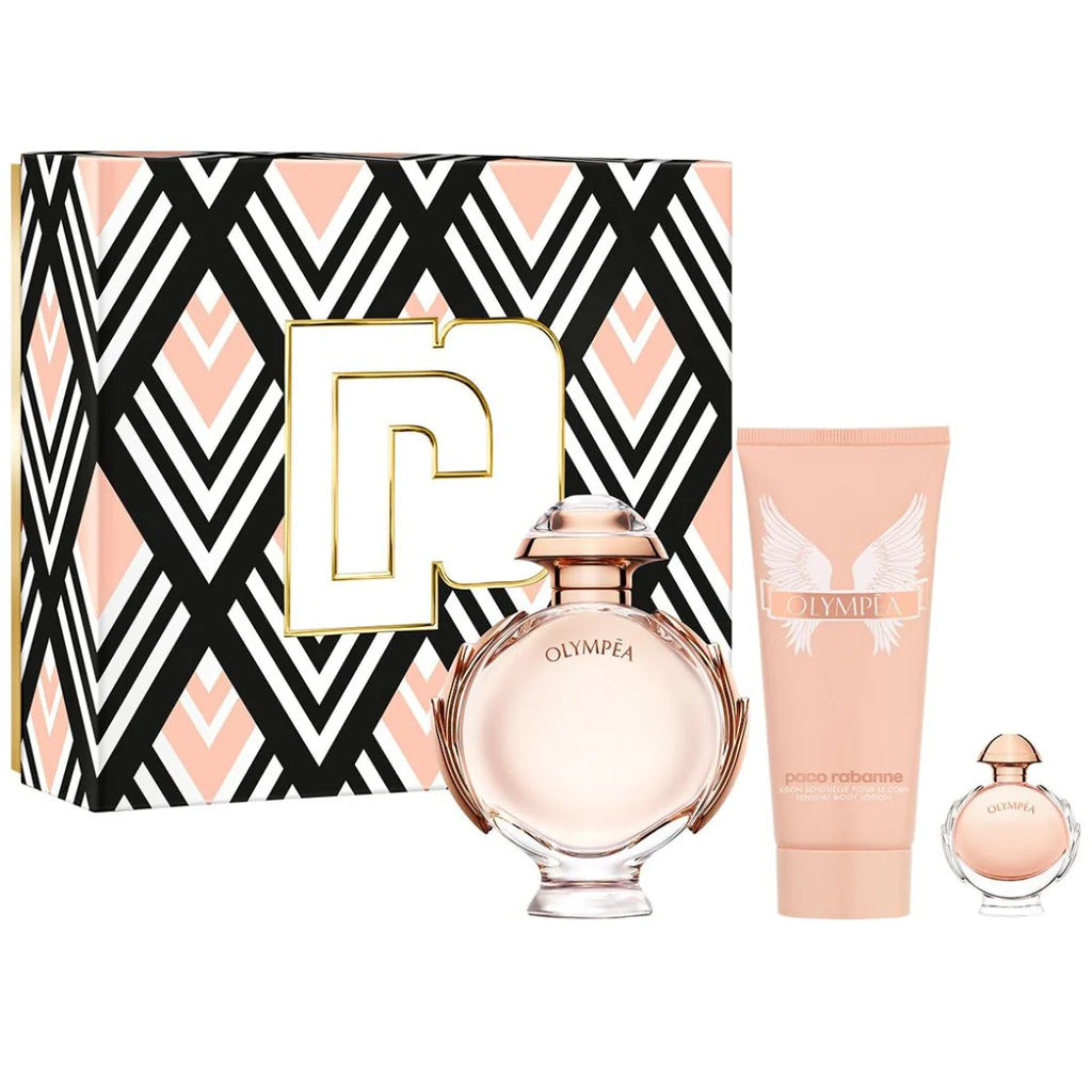 Set Paco Rabanne: Olympea, Apă de parfum, pentru femei, 80 ml + Olympea, Loțiune de corp hidratantă, 100 ml + Olympea, Apă de parfum, pentru femei, 5 ml